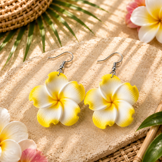 Yellow Plumeria Flower Drop Earrings