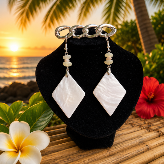 Hawaiian Jewelry White Diamond Shaped Shell Dangle Earrings with Stainless Steel Hooks