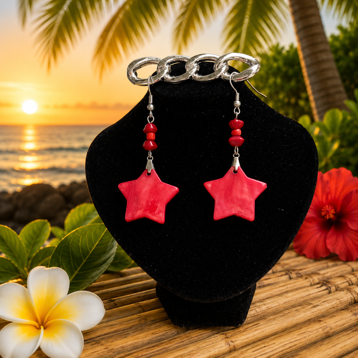 Hawaiian Jewelry Pink Star Shaped Shell Dangle Earrings with Stainless Steel Hooks