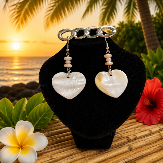 Hawaiian Jewelry White Heart Shaped Shell Dangle Earrings with Stainless Steel Hooks