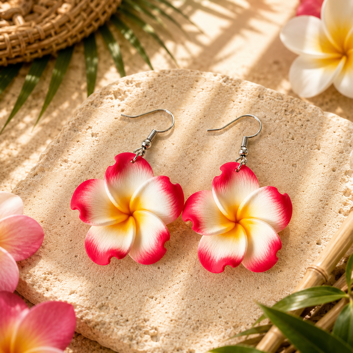 Red Plumeria Flower Drop Earrings