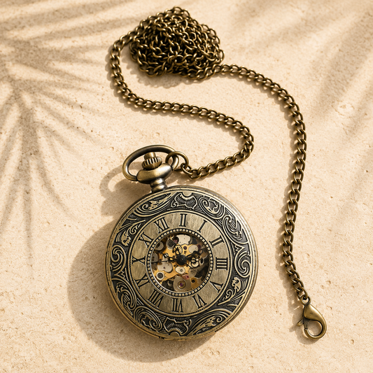 Vintage Bronze Roman Numerals Quartz Pocket Watch with Stainless Steel Case and Chain