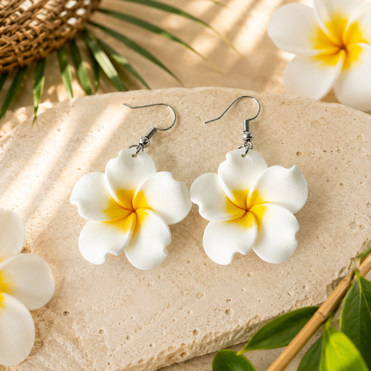 White Plumeria Flower Drop Earrings