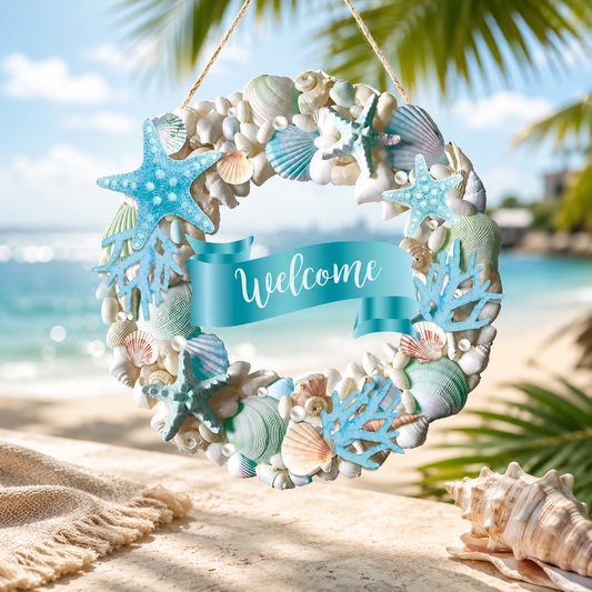 2D Wood Coastal Wreath For Front Door, Welcome Sign for Front Door