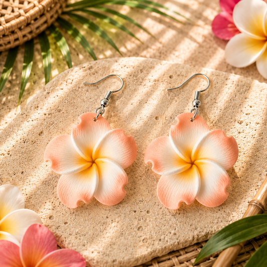 Peach Plumeria Flower Drop Earrings