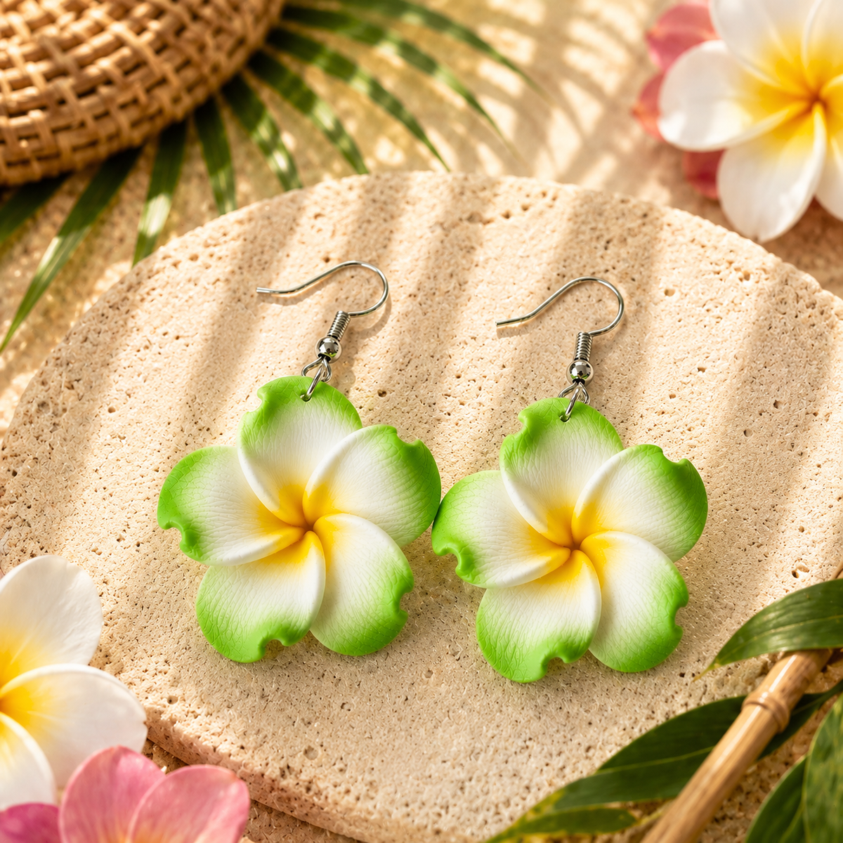 Green Plumeria Flower Drop Earrings