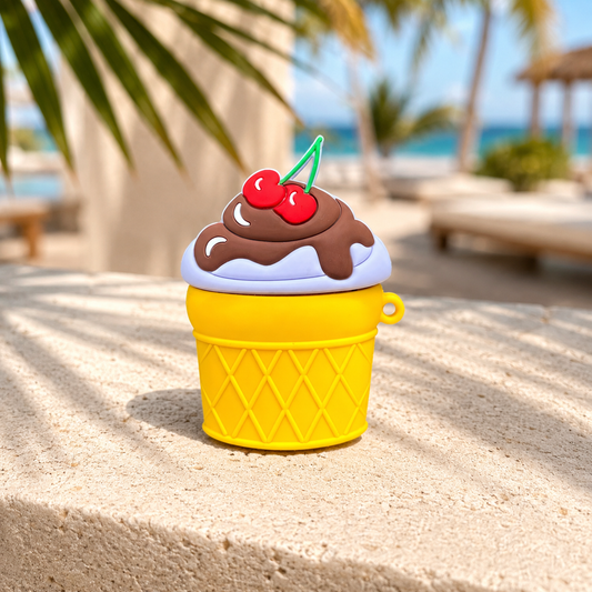 Ice Cream Cup  AirPods Case with Keychain, Shock-Proof Silicone Skin Full Protective Cover