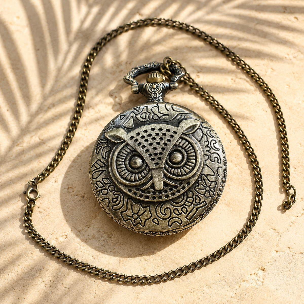 Antique Owl Carved Quartz Pocket Watch Bronze Necklace Unisex Clock Analog